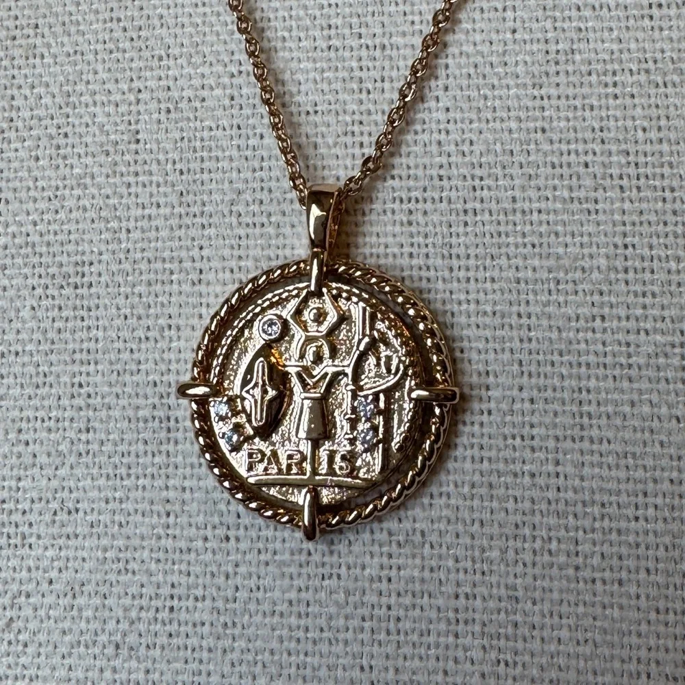 Elegant Gold Tone “Paris” Coin Pendant Necklace 19” NWOT